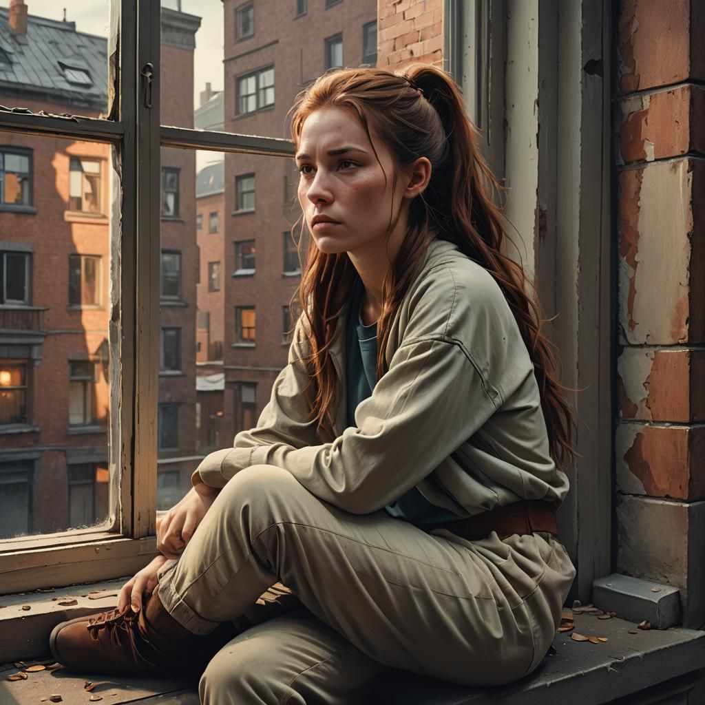 Sad Woman on Window Sill in Fantasy Art Style