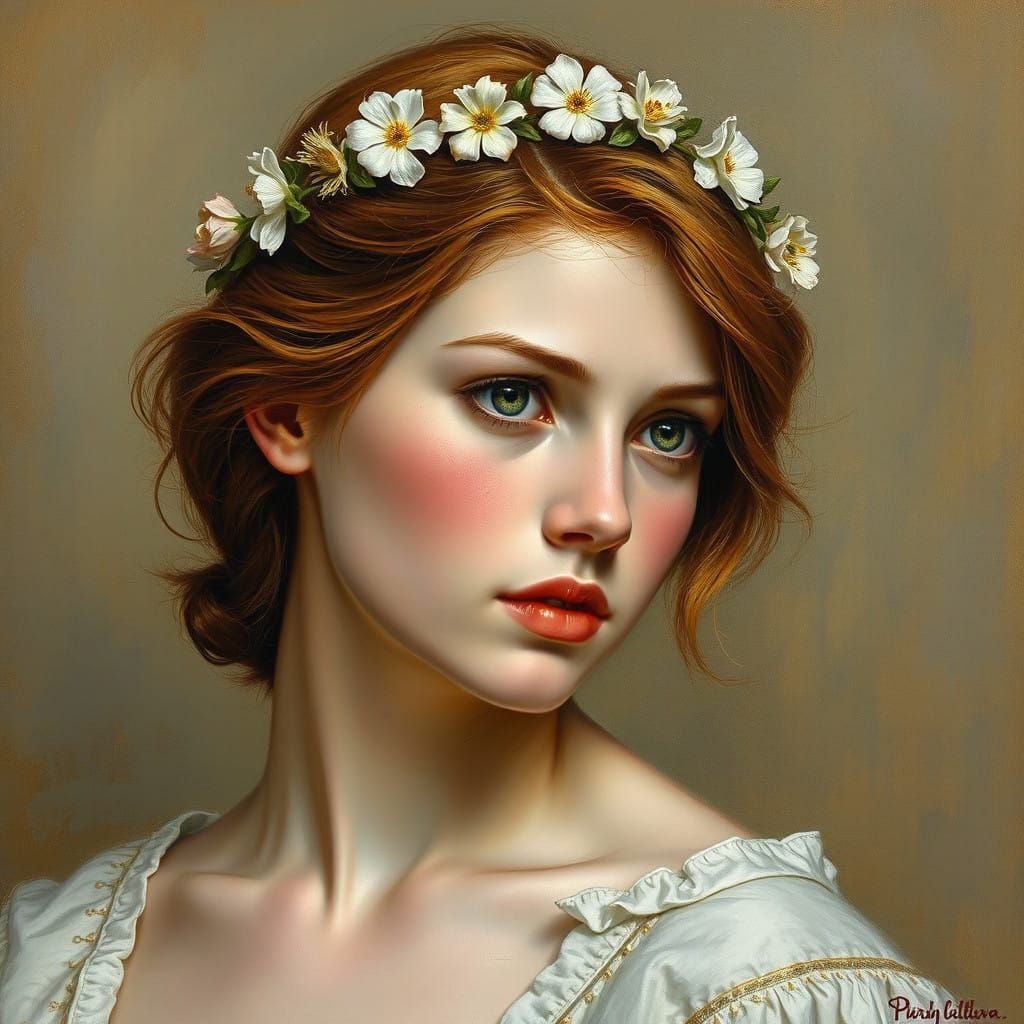 Serenely Contemplative Young Woman in Oil on Canvas, Dutch M...