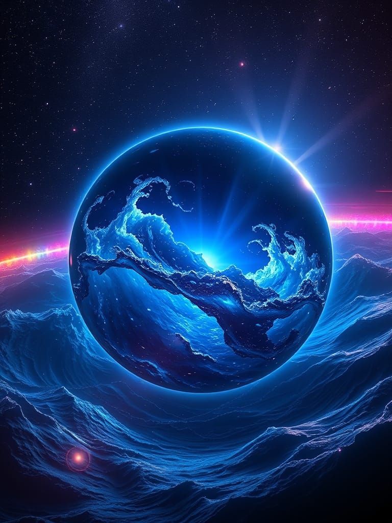 Cosmic Ocean Sphere Radiates Vibrant, Neon-Lit Stars