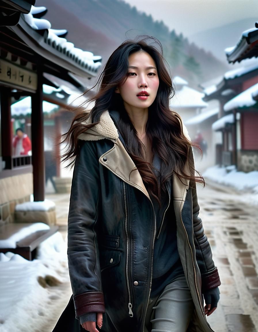 Korean Woman in Snowy Village, Impasto Oil Painting