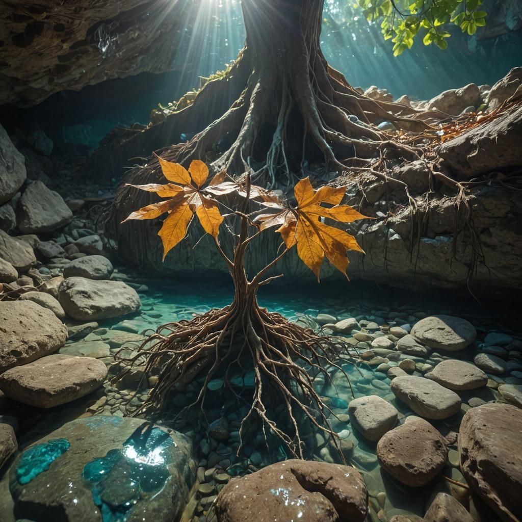 Macro Photo: Tree Roots in Turquoise Cave