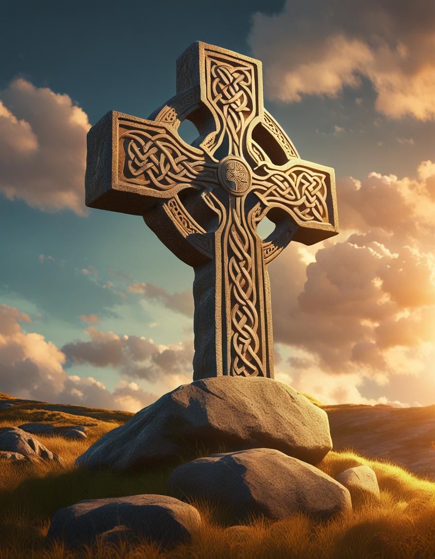 Celtic Cross in Cornish Landscape: Digital Art