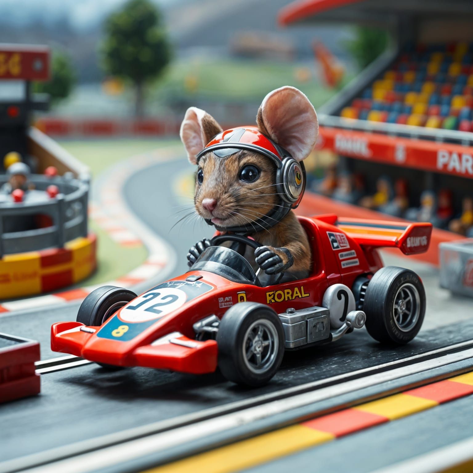Hyperrealistic Mouse Driving a Toy Race Car