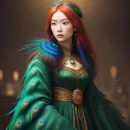 Asian Woman with Peacock Feather Eyelashes in Magic Realism