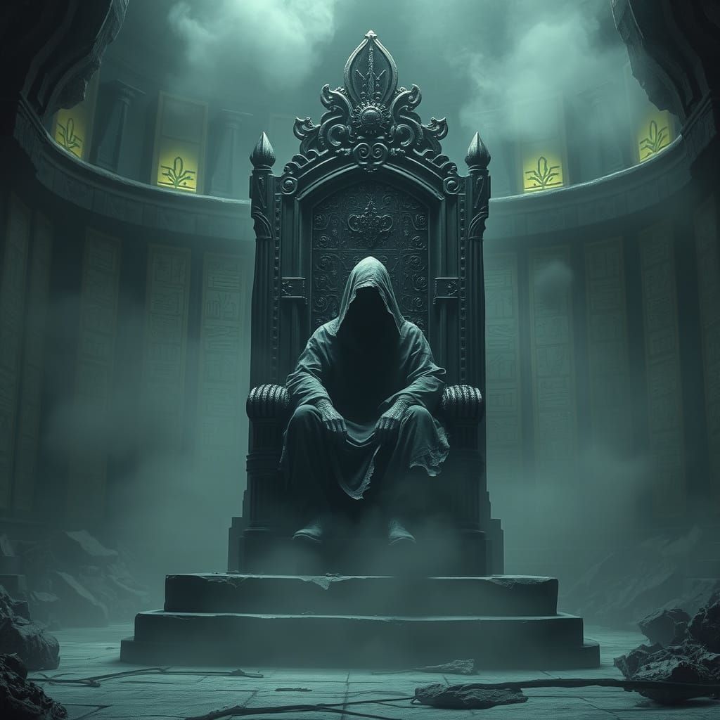 Mysterious Figure on a Crumbling Throne in a Dimly Lit Tomb