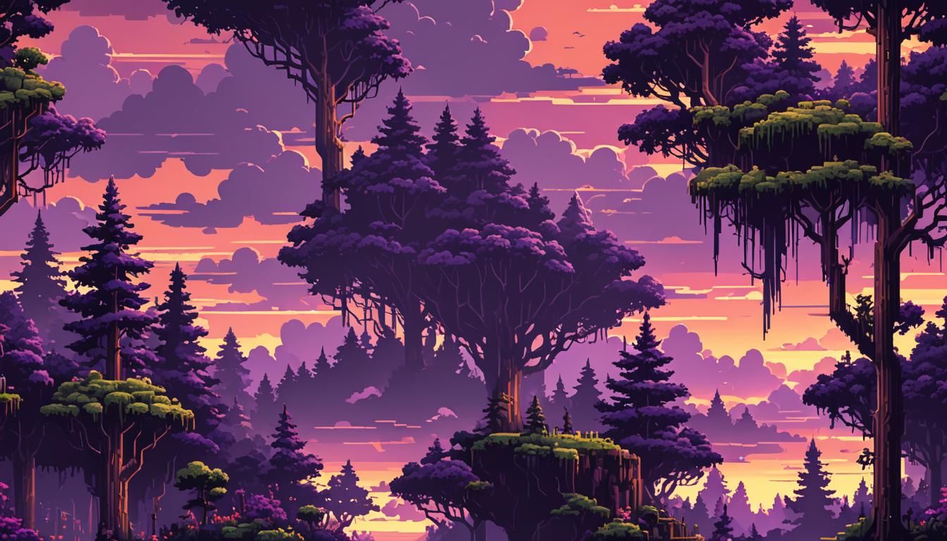 Purple Sunset Forest in 8-bit Pixel Art