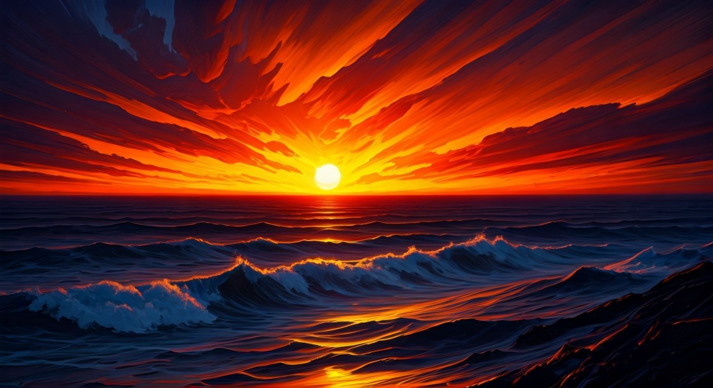 Fiery Sunset Over Turbulent Ocean in Expressionist Style