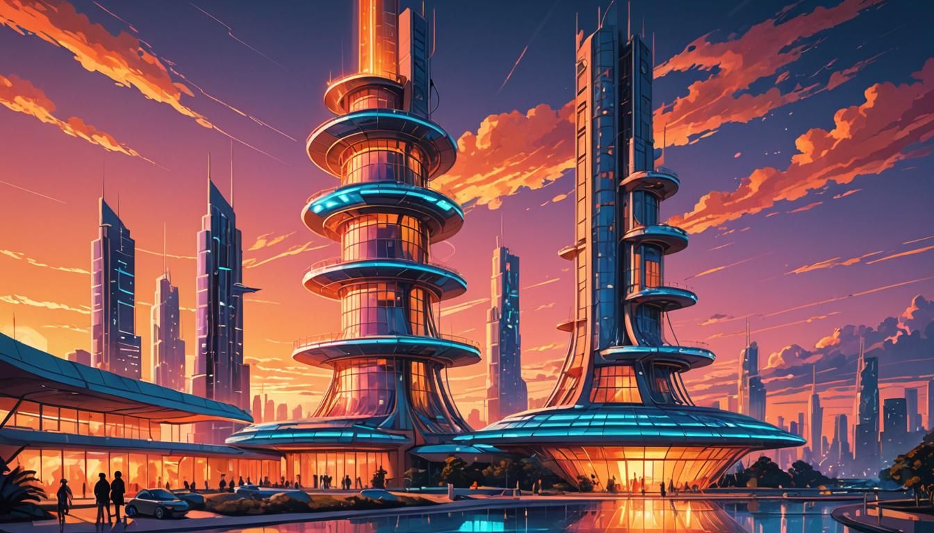 Retro-Futuristic Tower of Light Illustration in Vibrant Colo...