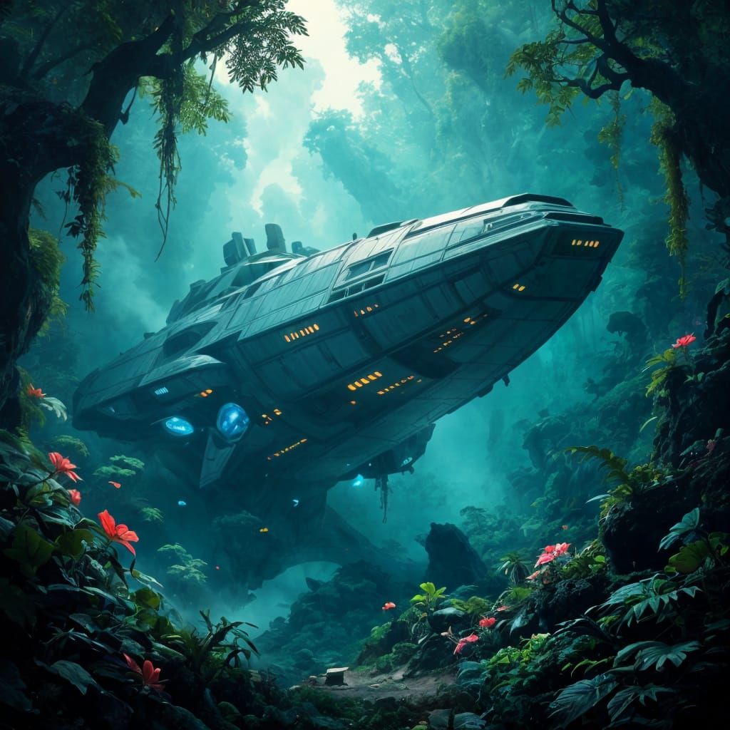 Ancient Spaceship in Alien Jungle, Moebius Inspired