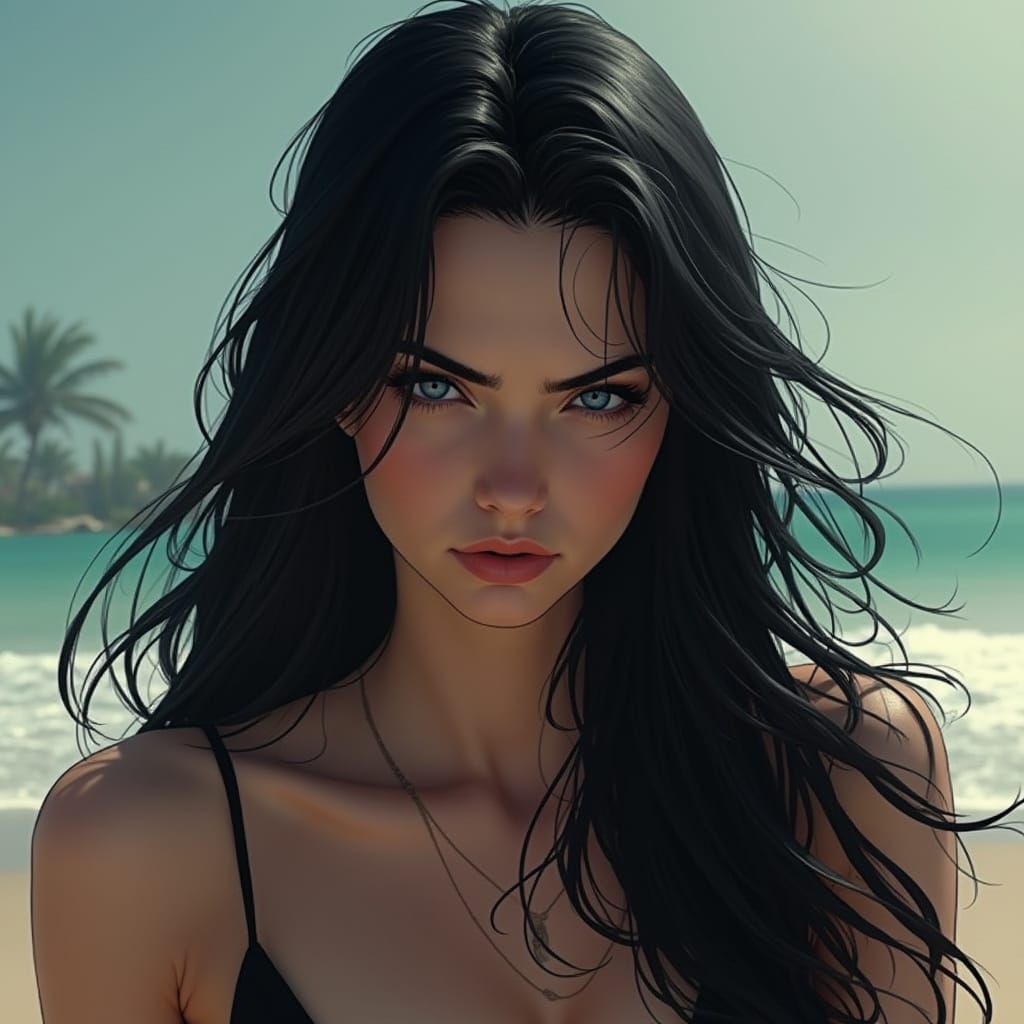 Annoyed Woman With Silky Black Hair And Sea-Blue Eyes