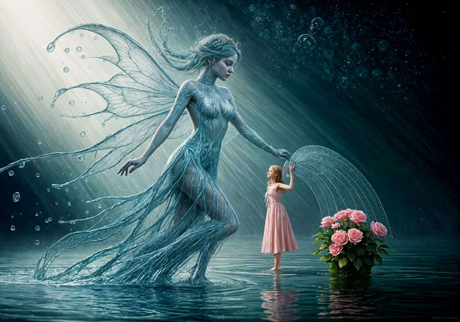 The Water Faerie meets a girl in pink flowing frock watering...