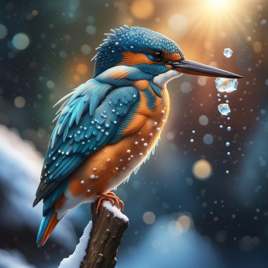 Kingfisher in Snowy Surroundings: 3D Rendered Art