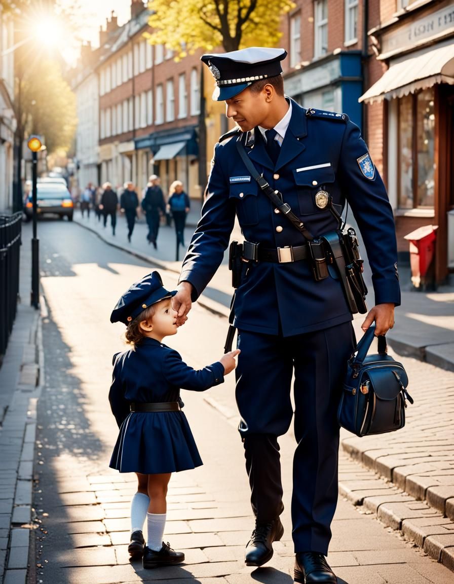 Helpful Policeman Guides Child Home on Sunny Street