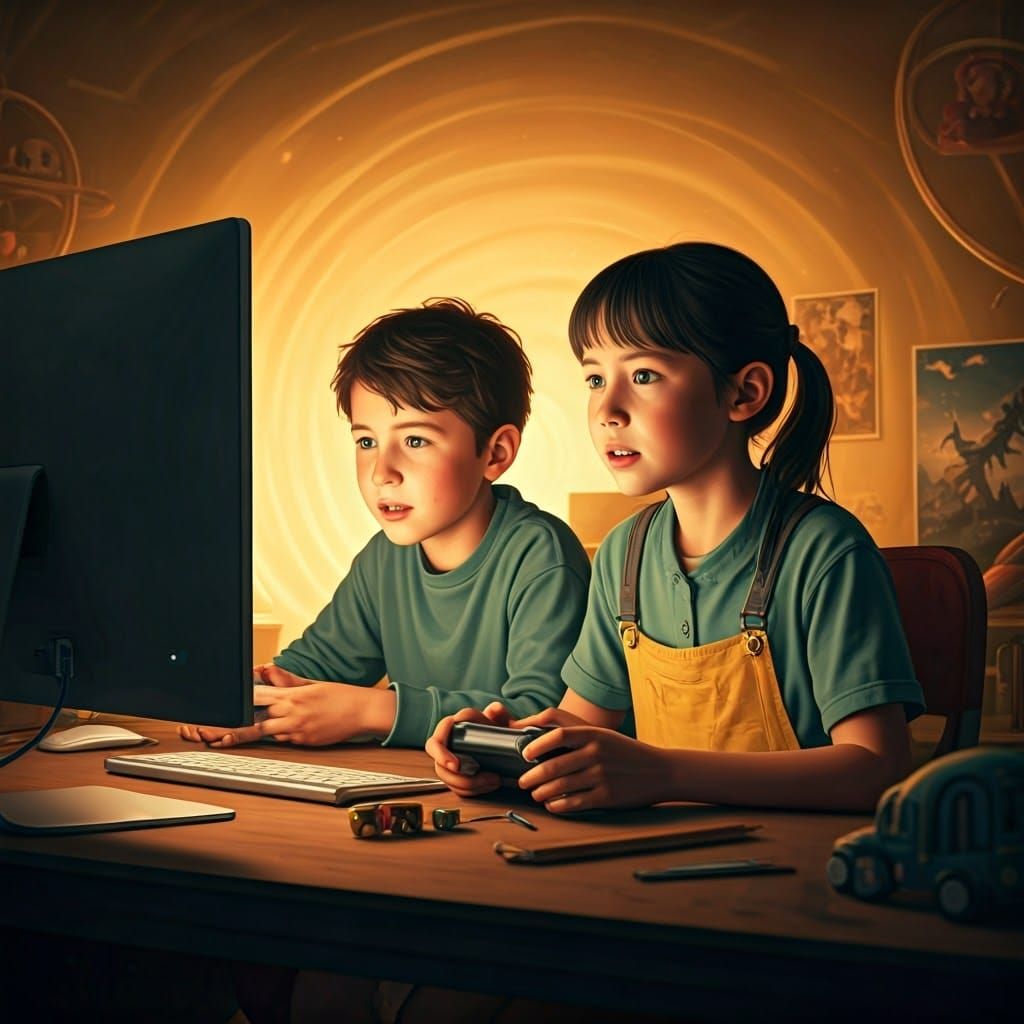 Children Gaming in Futuristic Home Office