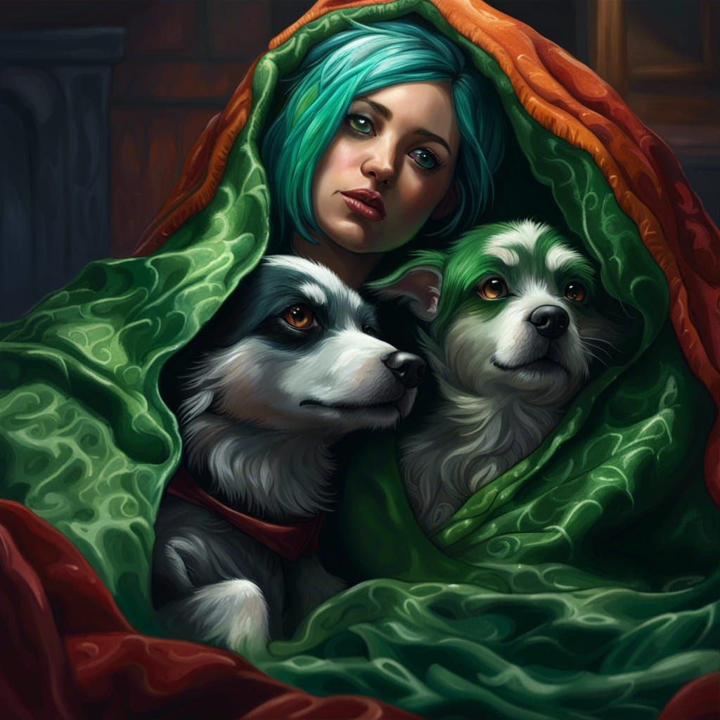Green-Haired Woman with Dogs: Hyperrealistic Splash Art