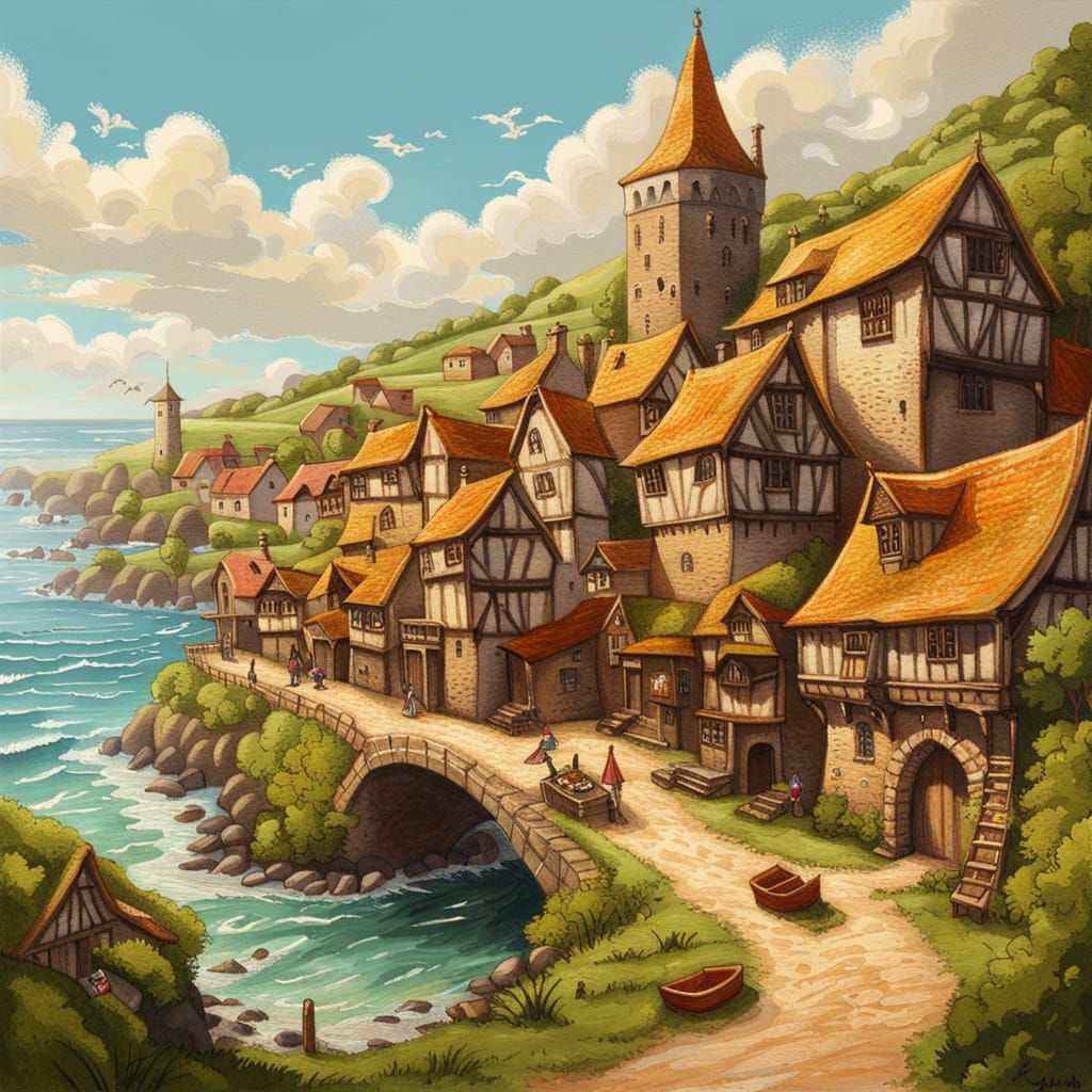 Intricate Painting of a Sunny Medieval Village
