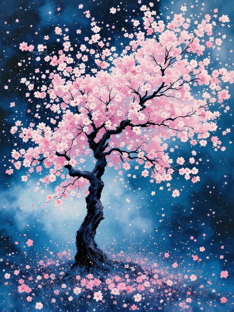 Lush Cherry Blossom in Refined Pointillist Art