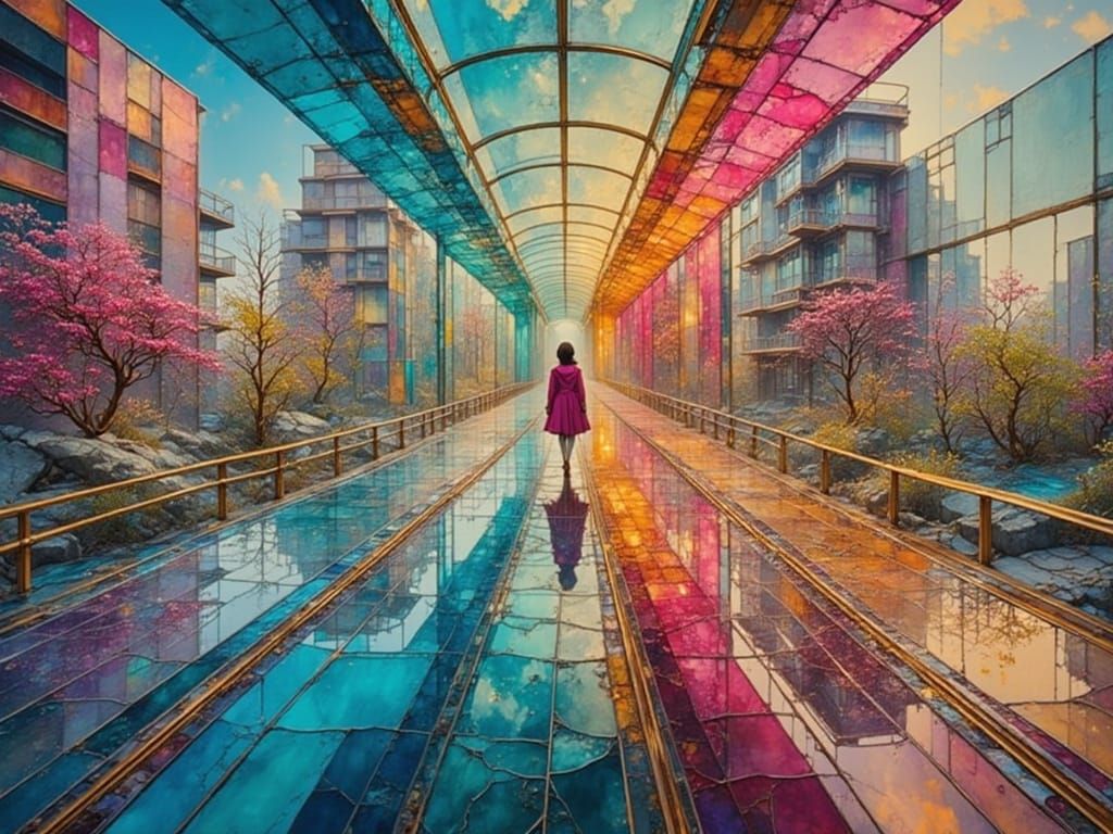 Woman on Glass Bridge in Vibrant Stained Glass Style
