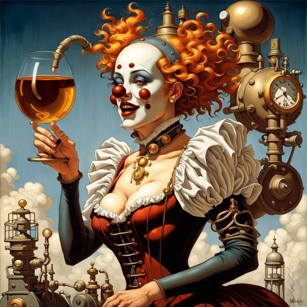 Steampunk Oil Painting of Woman and Clown