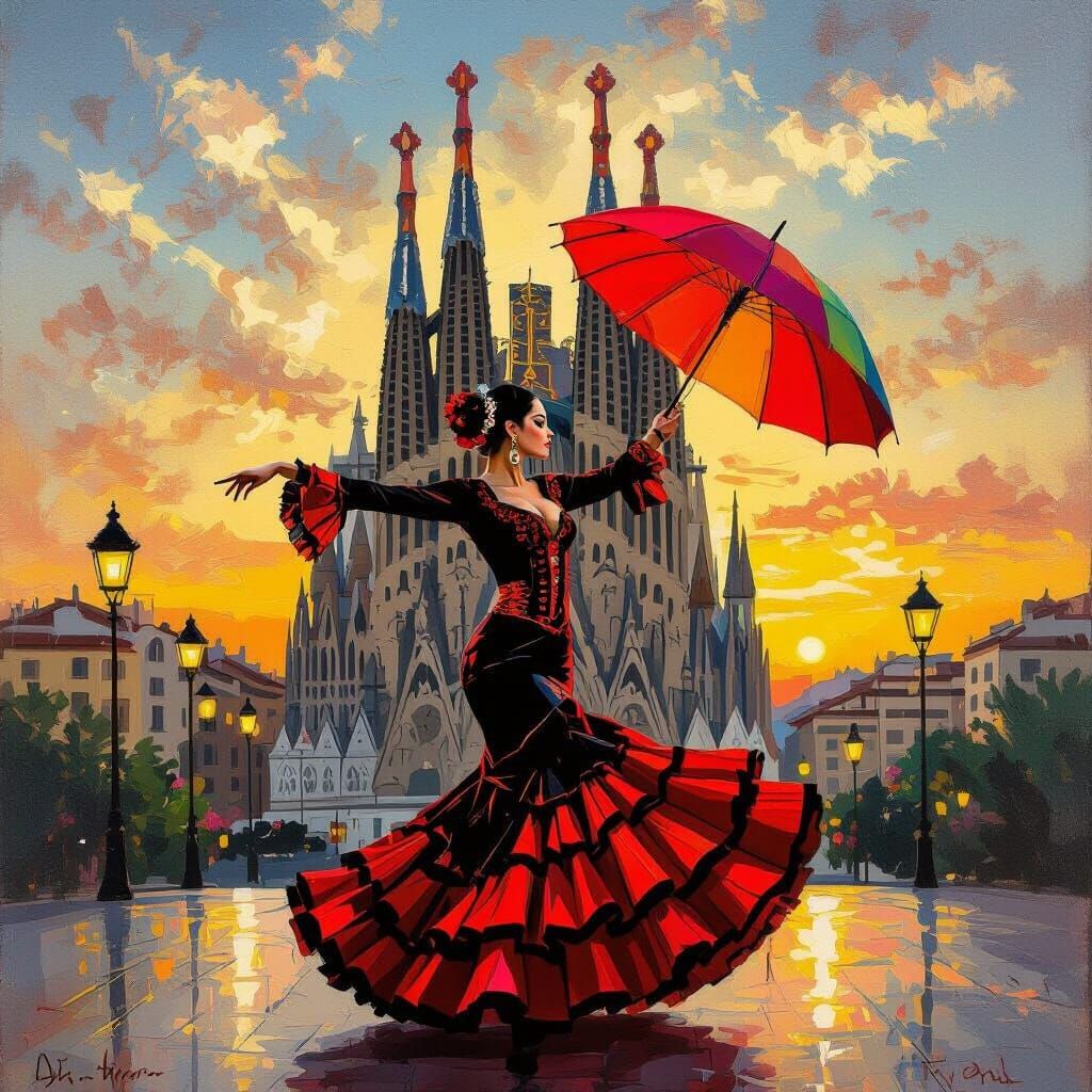 Flamenco Dancer at La Sagrada Familia: Surreal Impressionism