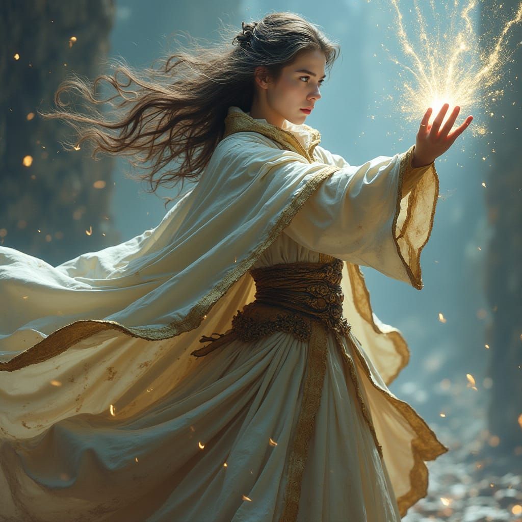 Elegant Sorceress Engages in Turbulent Magical Duel