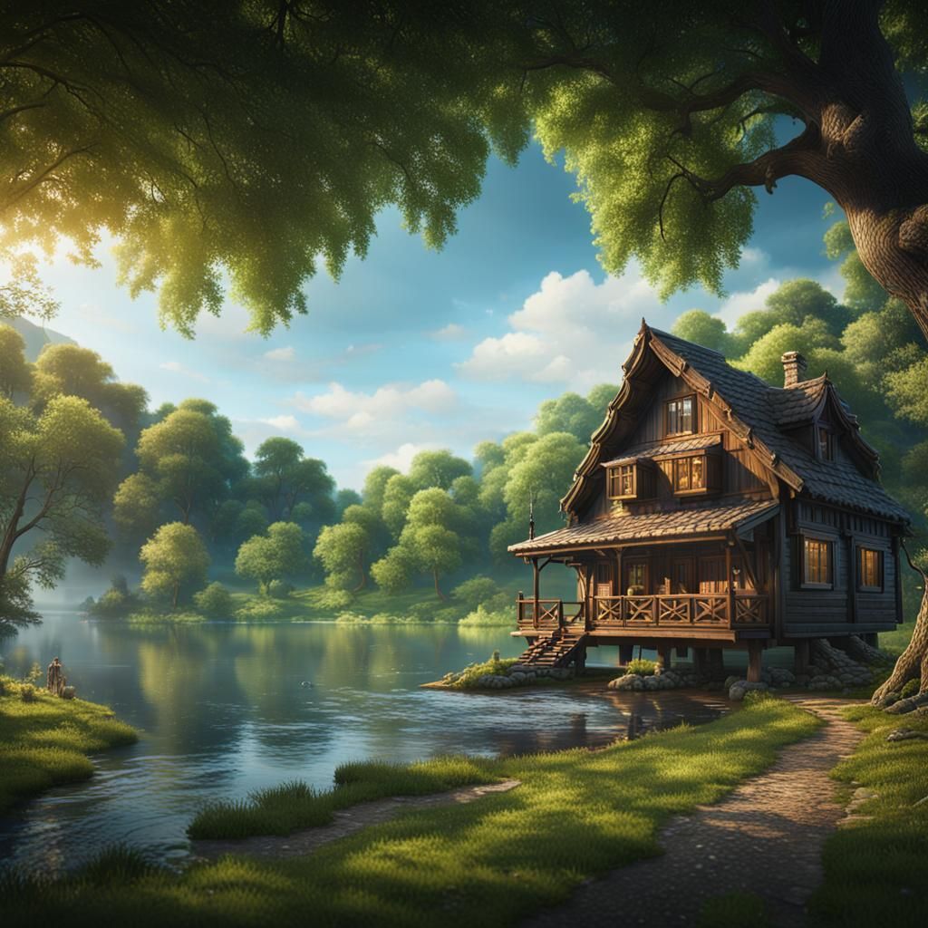 Idyllic Chalet on Riverbank: Fantasy Concept Art