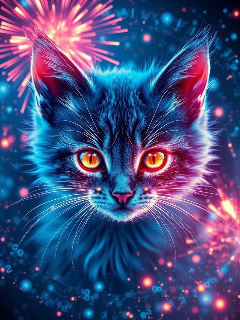 Sapphire Kitten Face in Cosmic Glow