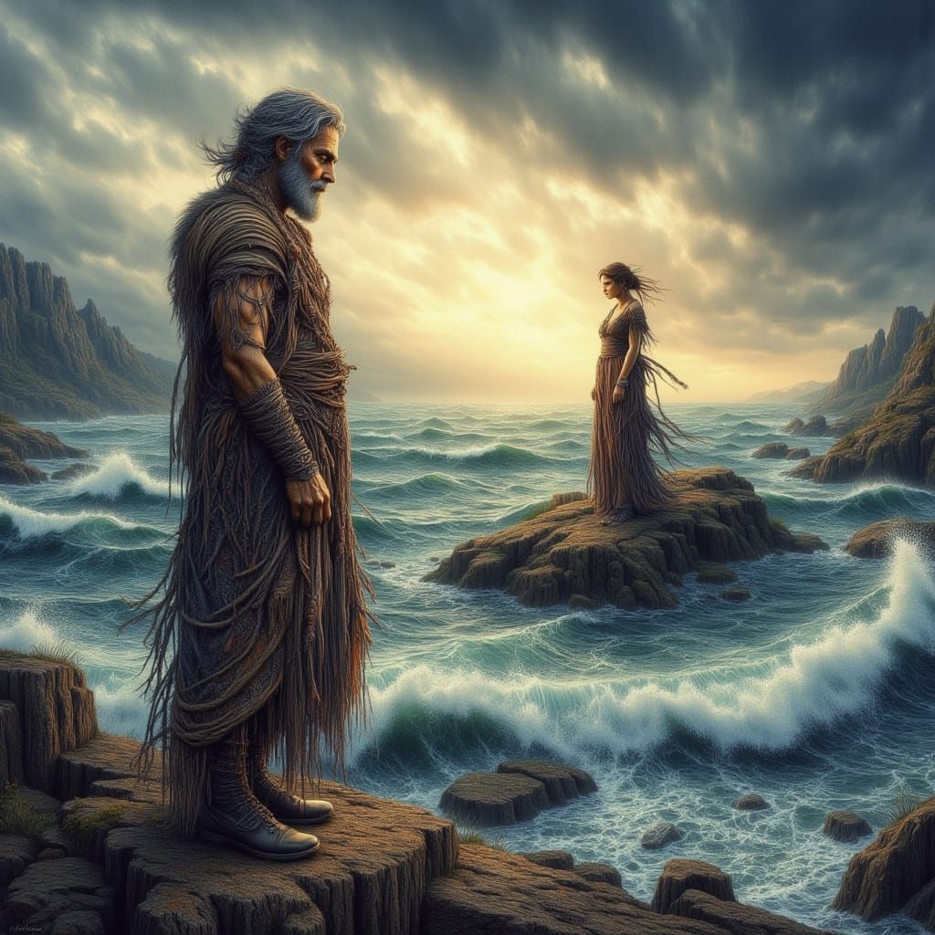Ocean Separates Classical Figures in Painterly Illustration