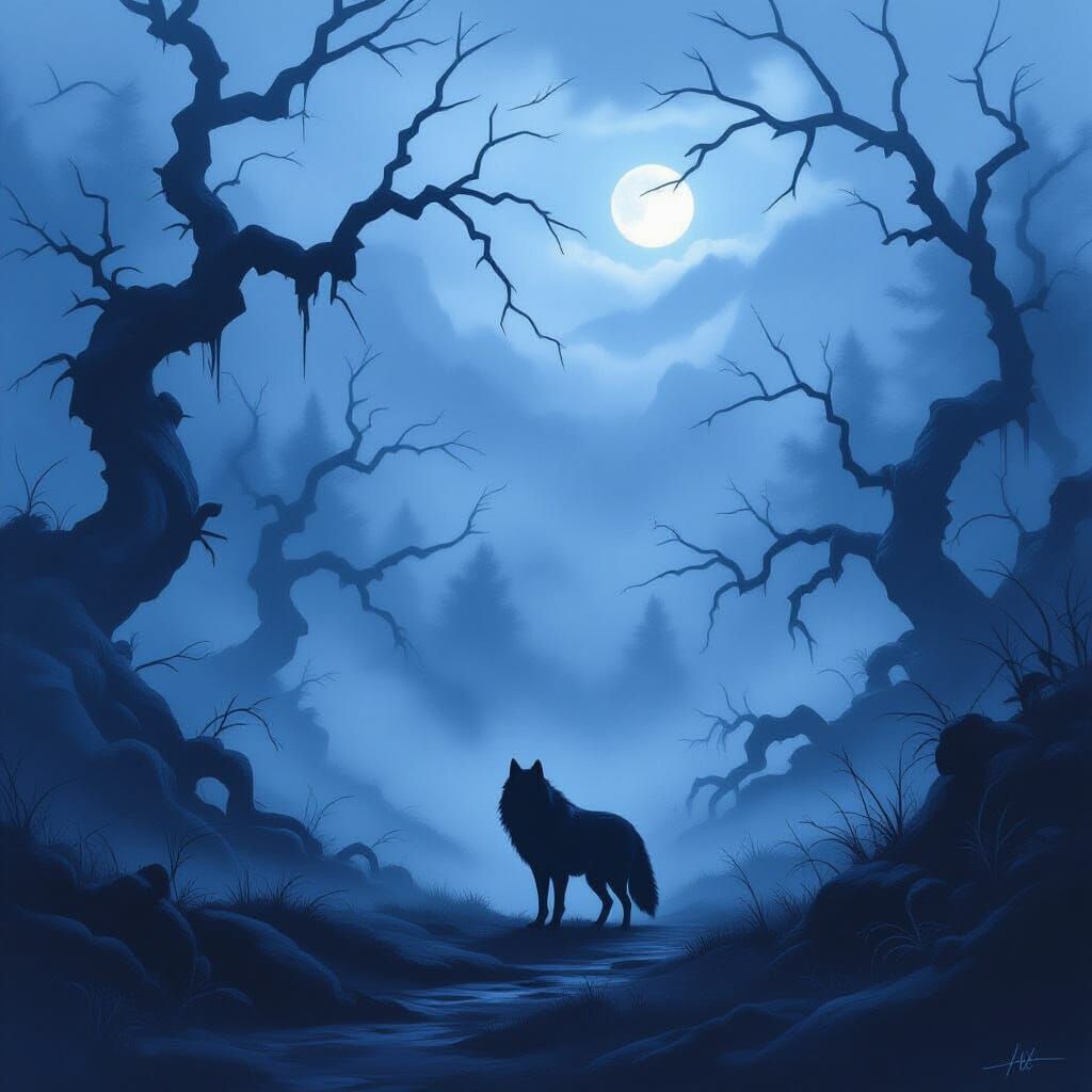 Lone Wolf in Misty Forest at Twilight - Concept Art