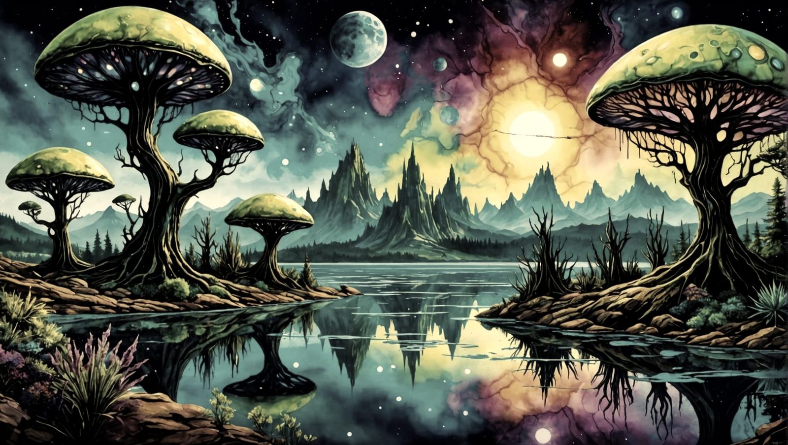 Alien World Lake in Alcohol Ink Style