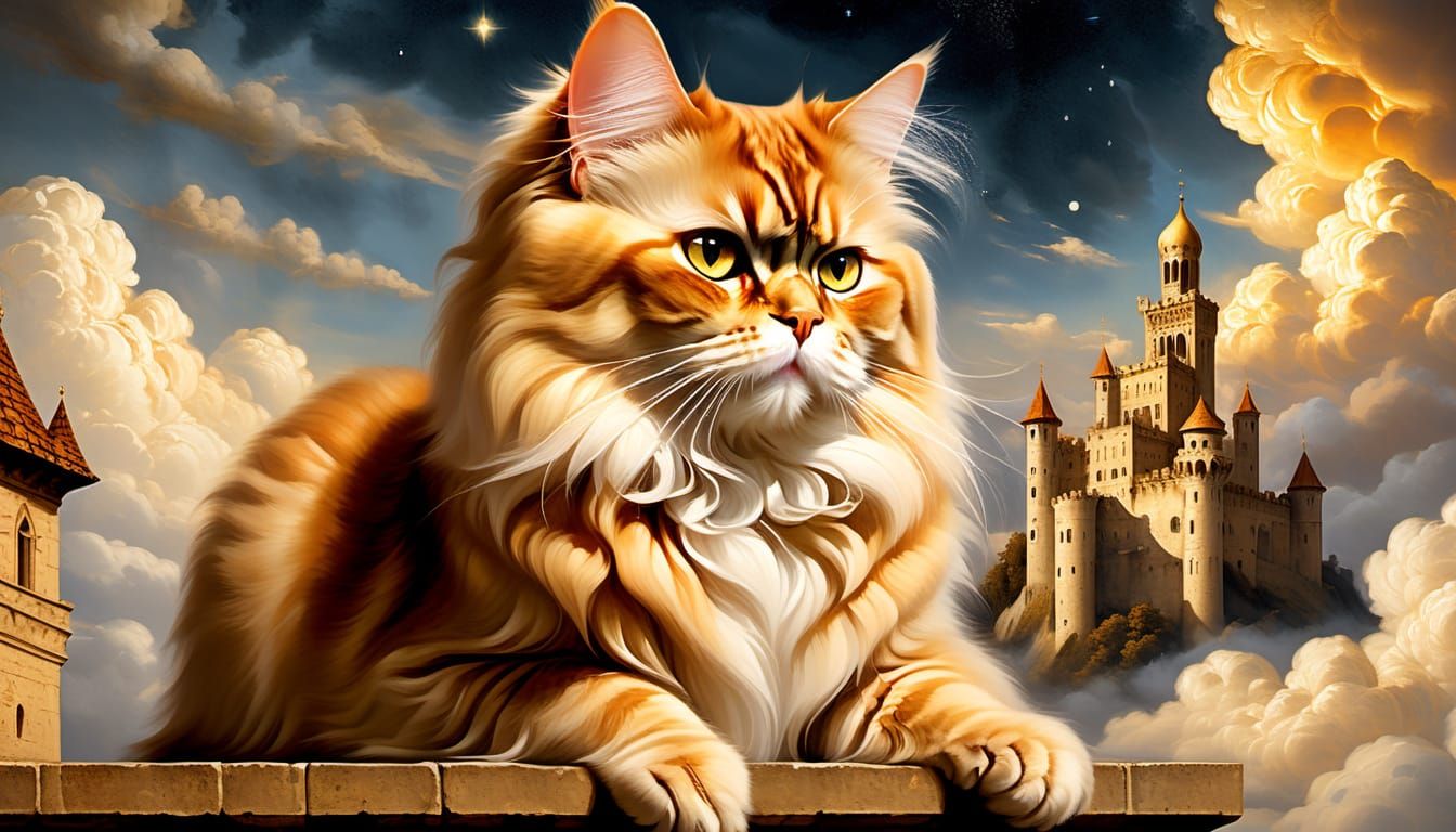 Renaissance Fresco of Persian Cat on Castle Roof