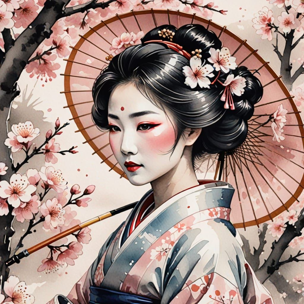 Elegant Geisha with Cherry Blossoms in Japanese Ink Style