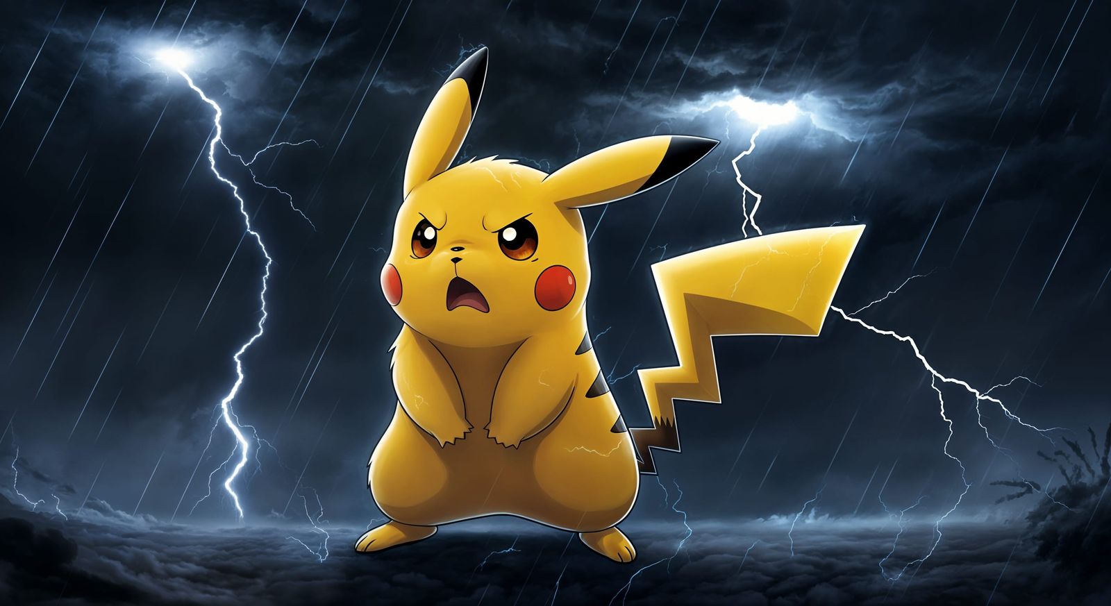 Pikachu Unleashes Thunderbolt in Stormy Skies