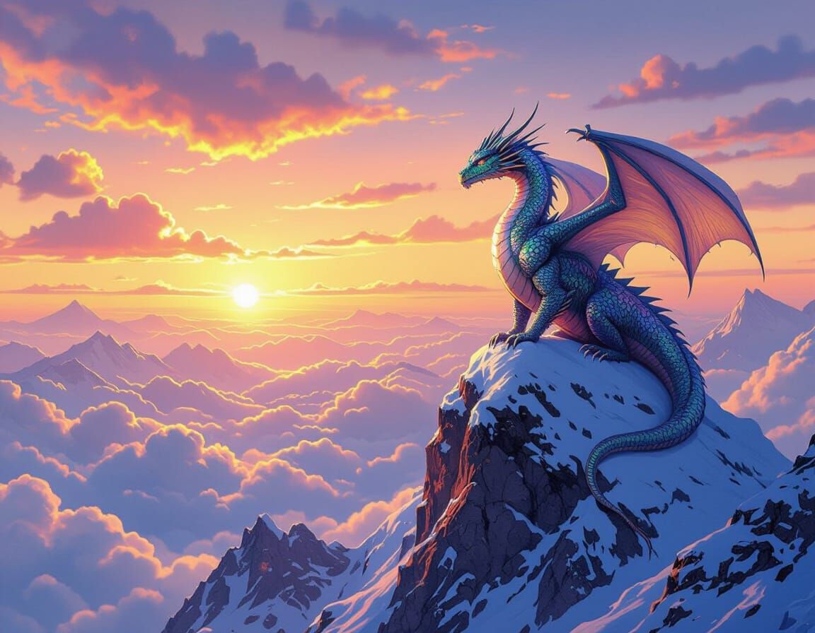 Majestic Dragon on Snowy Peak at Dawn