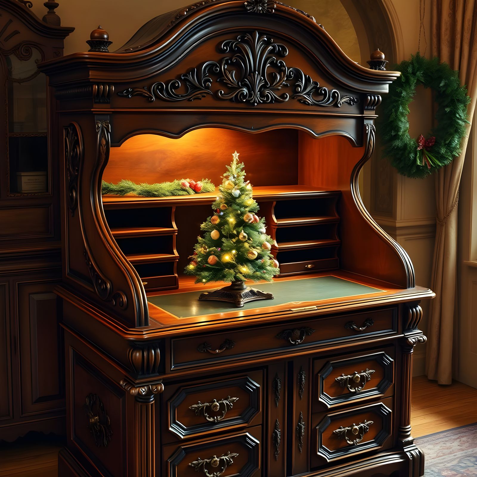 Vintage Walnut Christmas Desk Scene