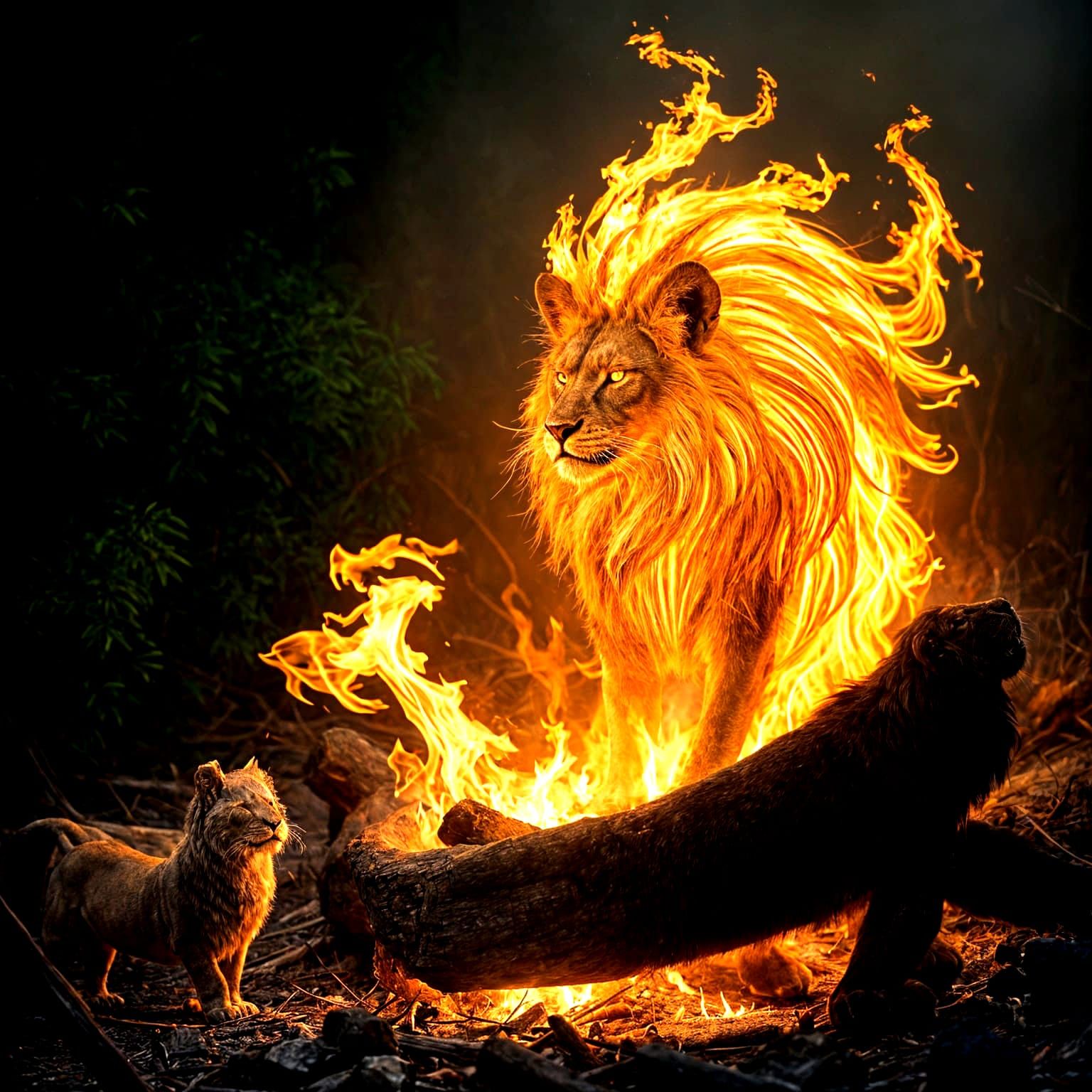 Fiery Kitten Watches Fire Lion, Surreal Art