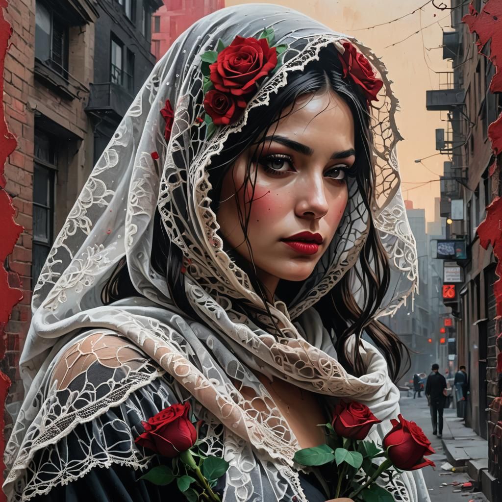 Woman in Lace Veil with Rose, Hyper-Realistic Splash Art
