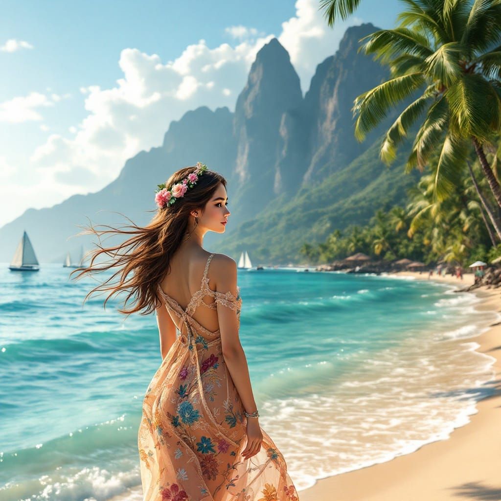 Elegant Thai Woman Strolls Along Tropical Beach in Hyper-Rea...