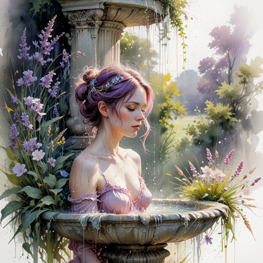 Stone Fountain in Spring: Watercolour Artwork