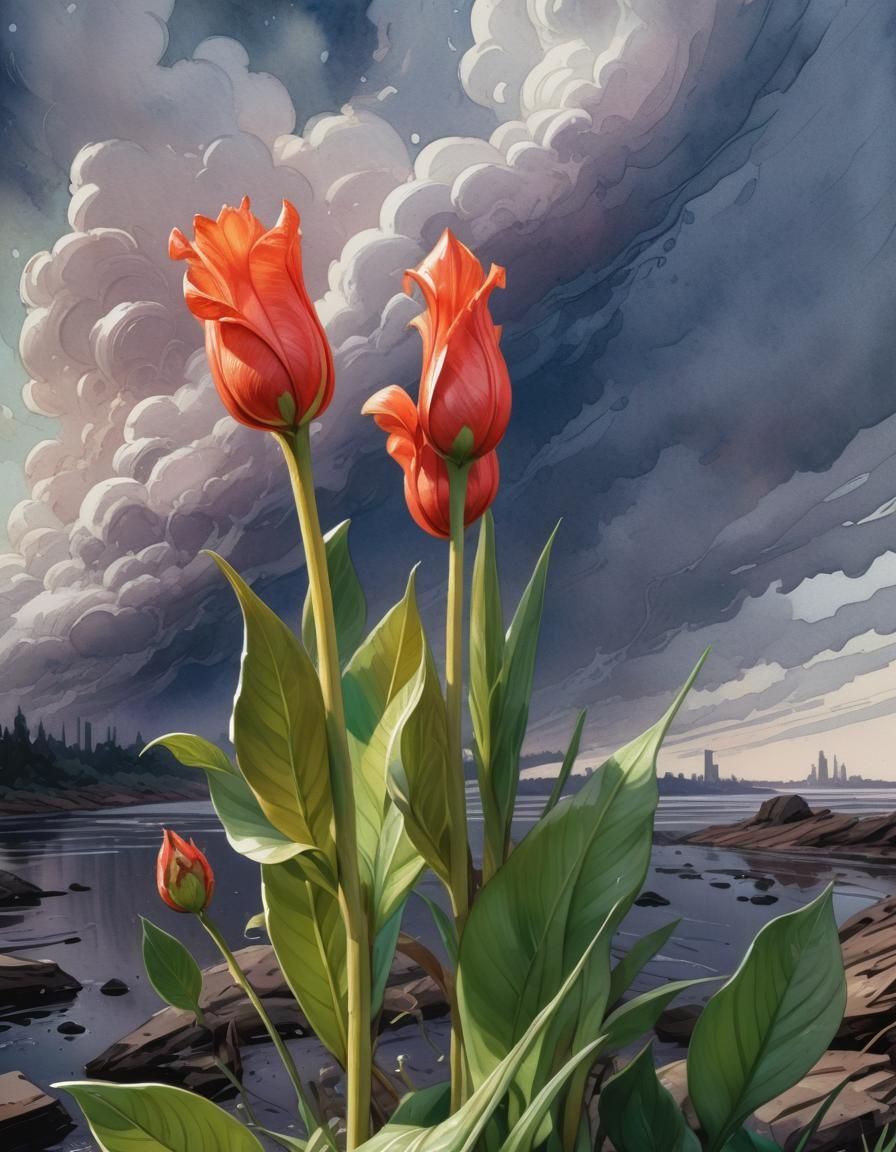 Tulips in Gouache Style Impressionist Painting