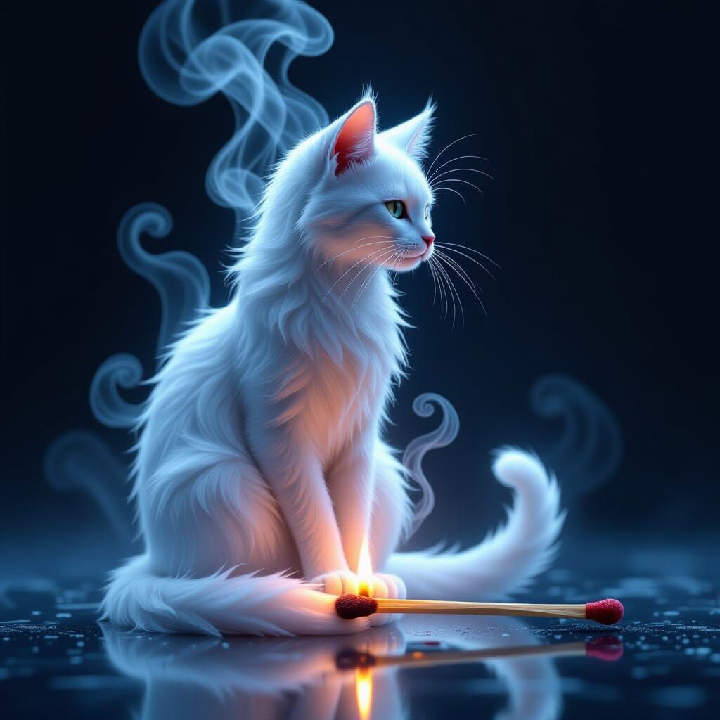Ethereal Smoke Cat Rises from Match Flame