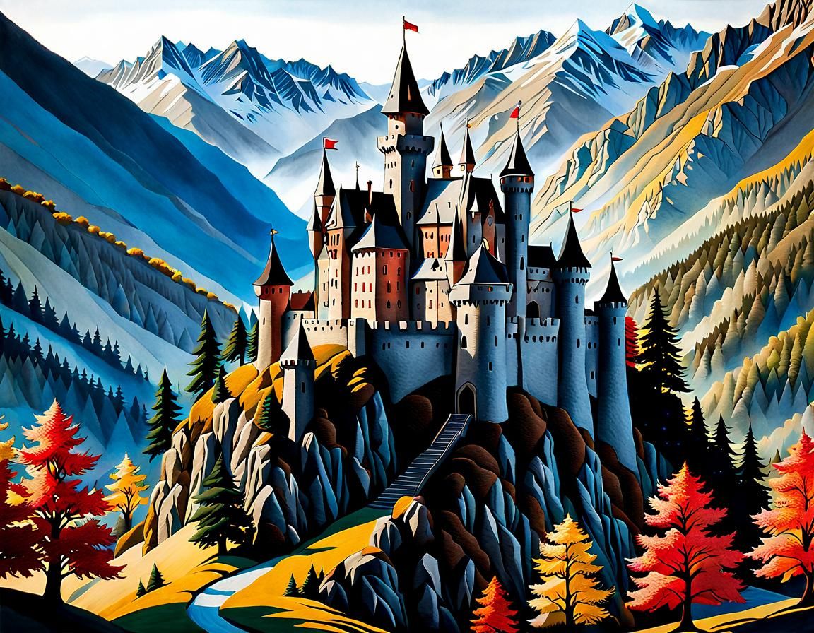 Medieval Castle in Mountainous Landscape: 2D Collage
