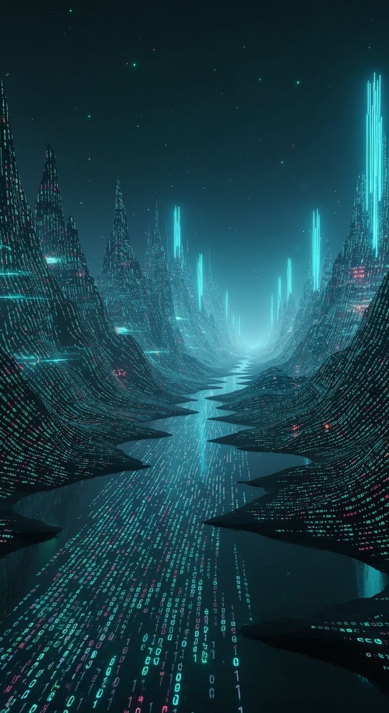 Surreal Biomechanical Landscape with Binary Code Mountains