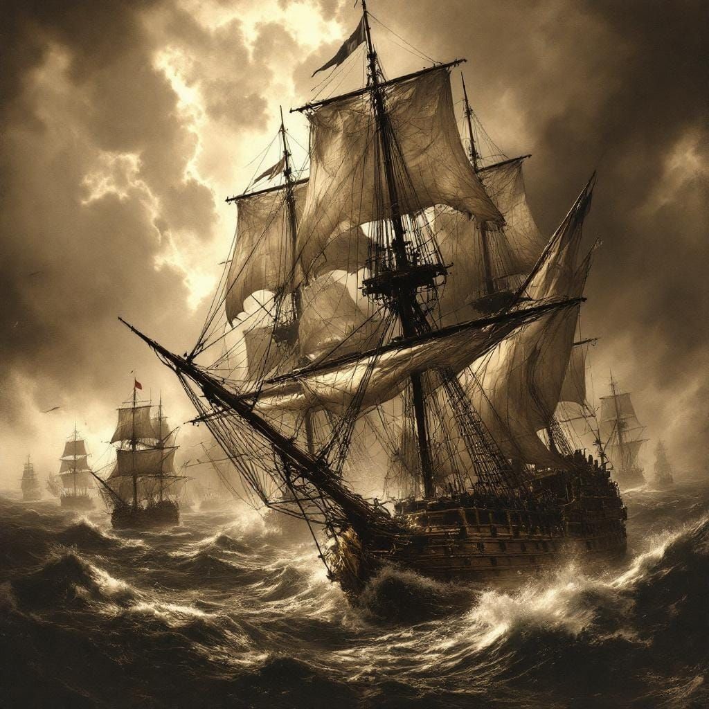 Dramatic Spanish Armada Battle in Sepia Tones