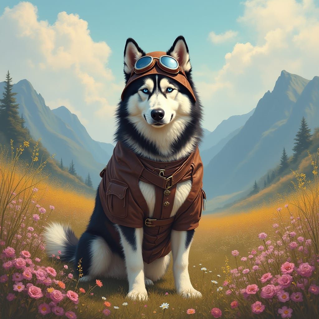 Regal Alaskan Malamute in Vintage Aviator's Attire, Set Amid...