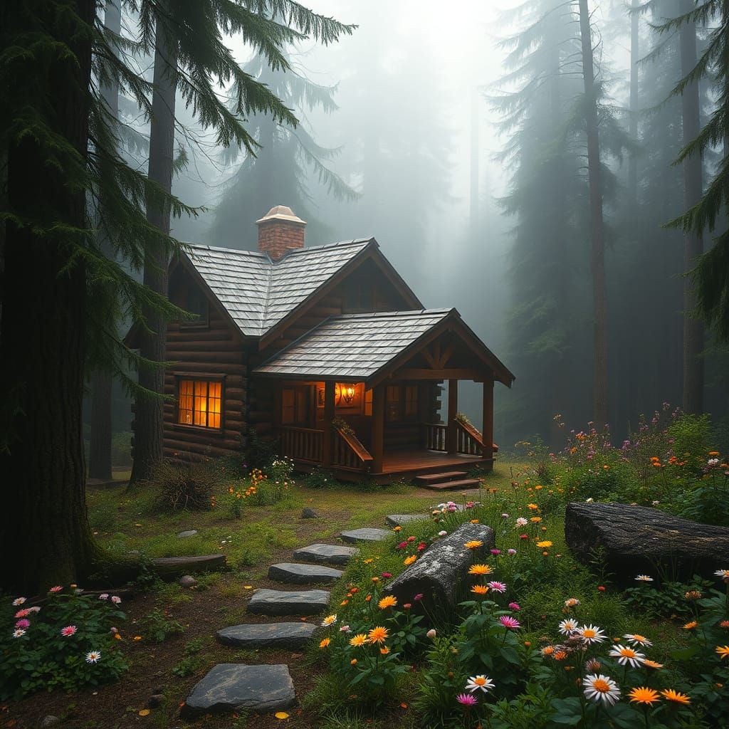 Peaceful Cabin in Foggy Forest with Morning Flowers