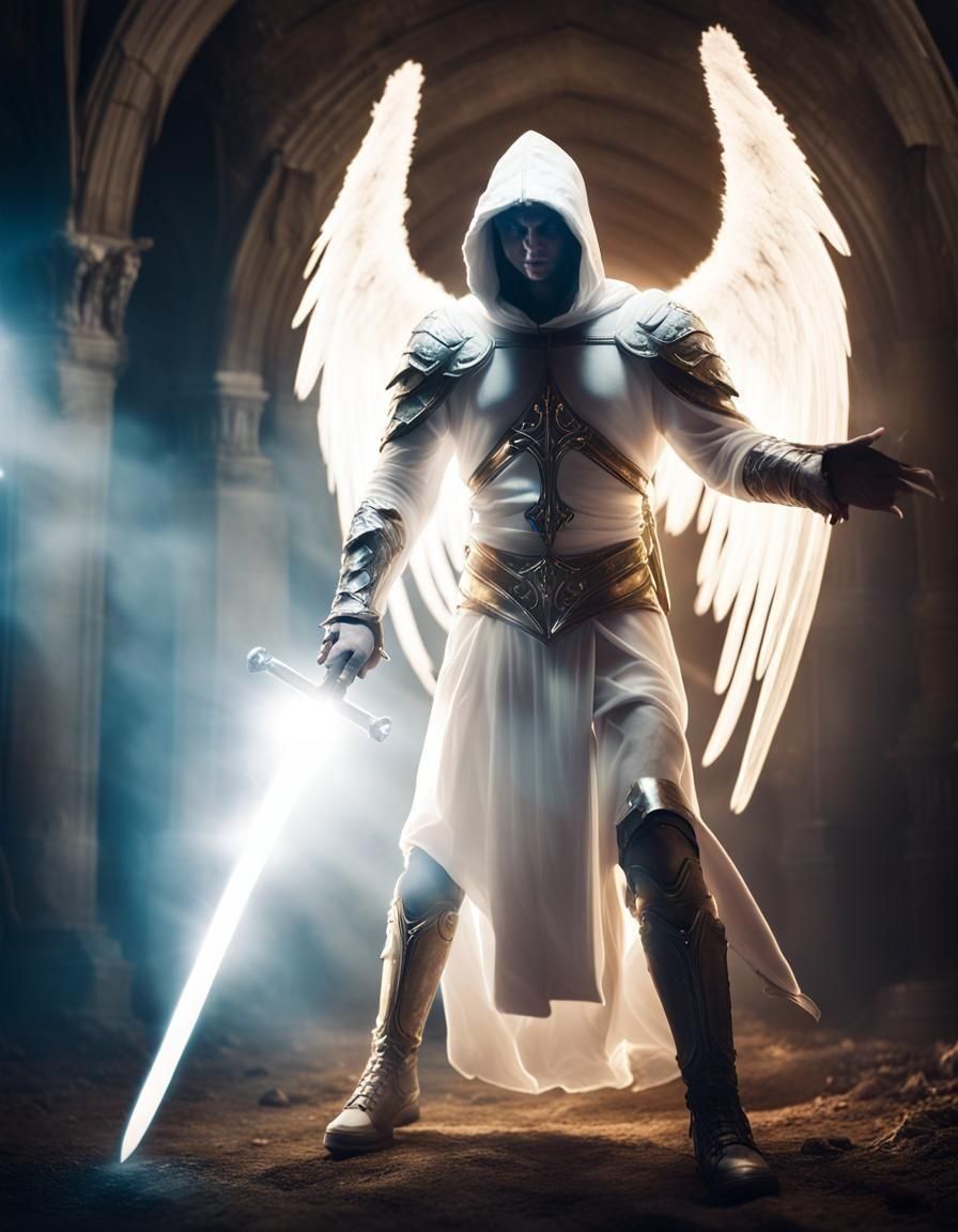 Epic Angel Ready to Attack Demon in Heaven