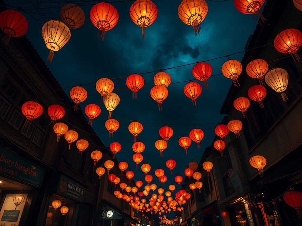 Night Sky Lanterns Over Old Quarter Street