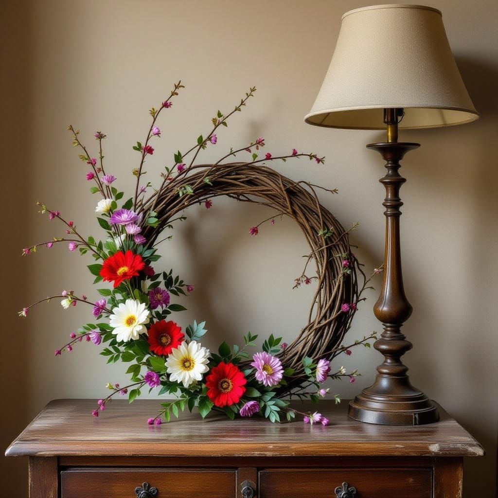 Floral Branch Crown on Rustic Console with Antique Lamp