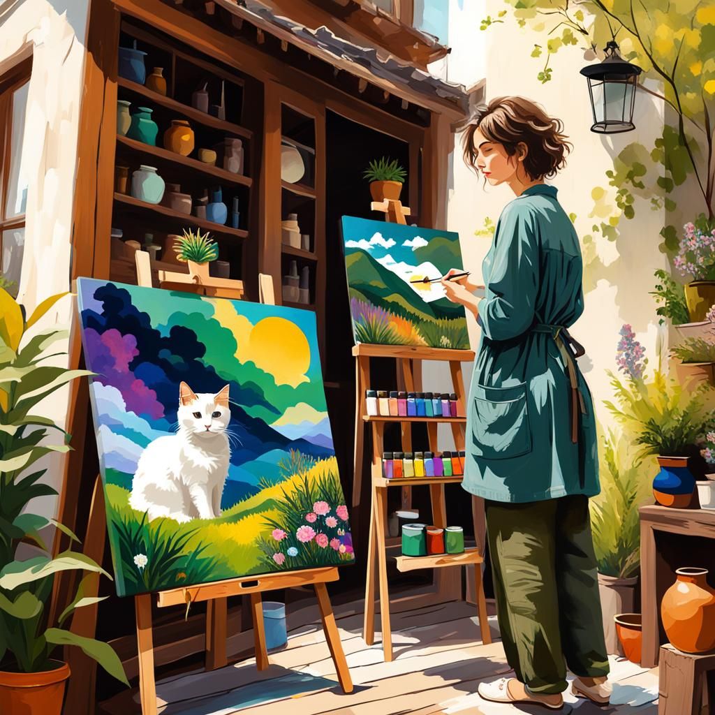 Bohemian Artist Painting Landscape in Studio